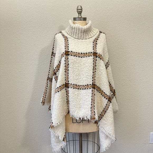 NWOT WORLD MARKET Plaid Poncho Shawl in Cream Brown - Picture 1 of 11